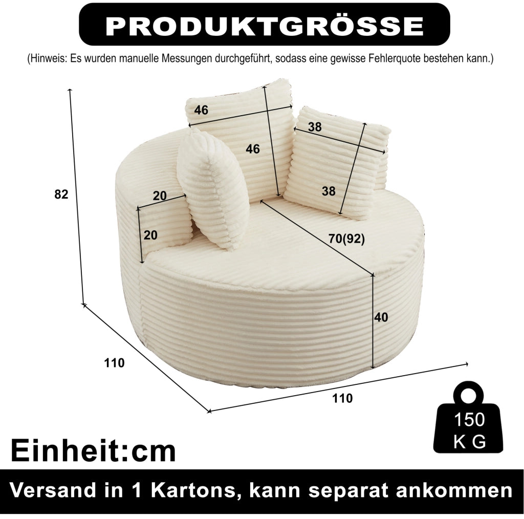 Poltrona lounge rotonda beige in velluto a coste con 3 cuscini