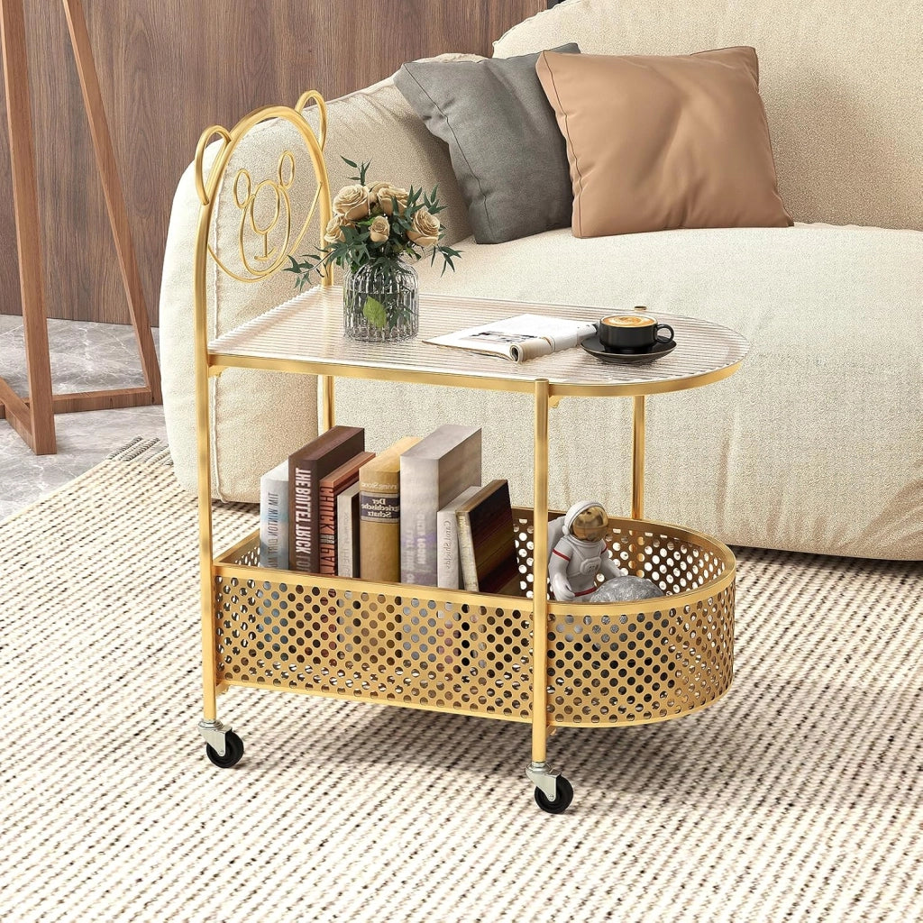 Tavolino a 2 ripiani, con 4 ruote, carrello da portata con cesto portaoggetti e piano in vetro temperato, tavolino da caffè per camera da letto, sala da pranzo, soggiorno (oro)