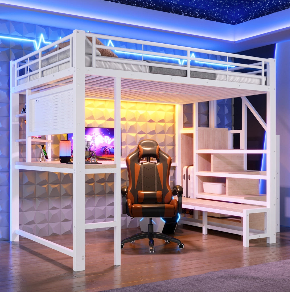 Letto a soppalco 140x200 cm con scrivania, LED e USB-C