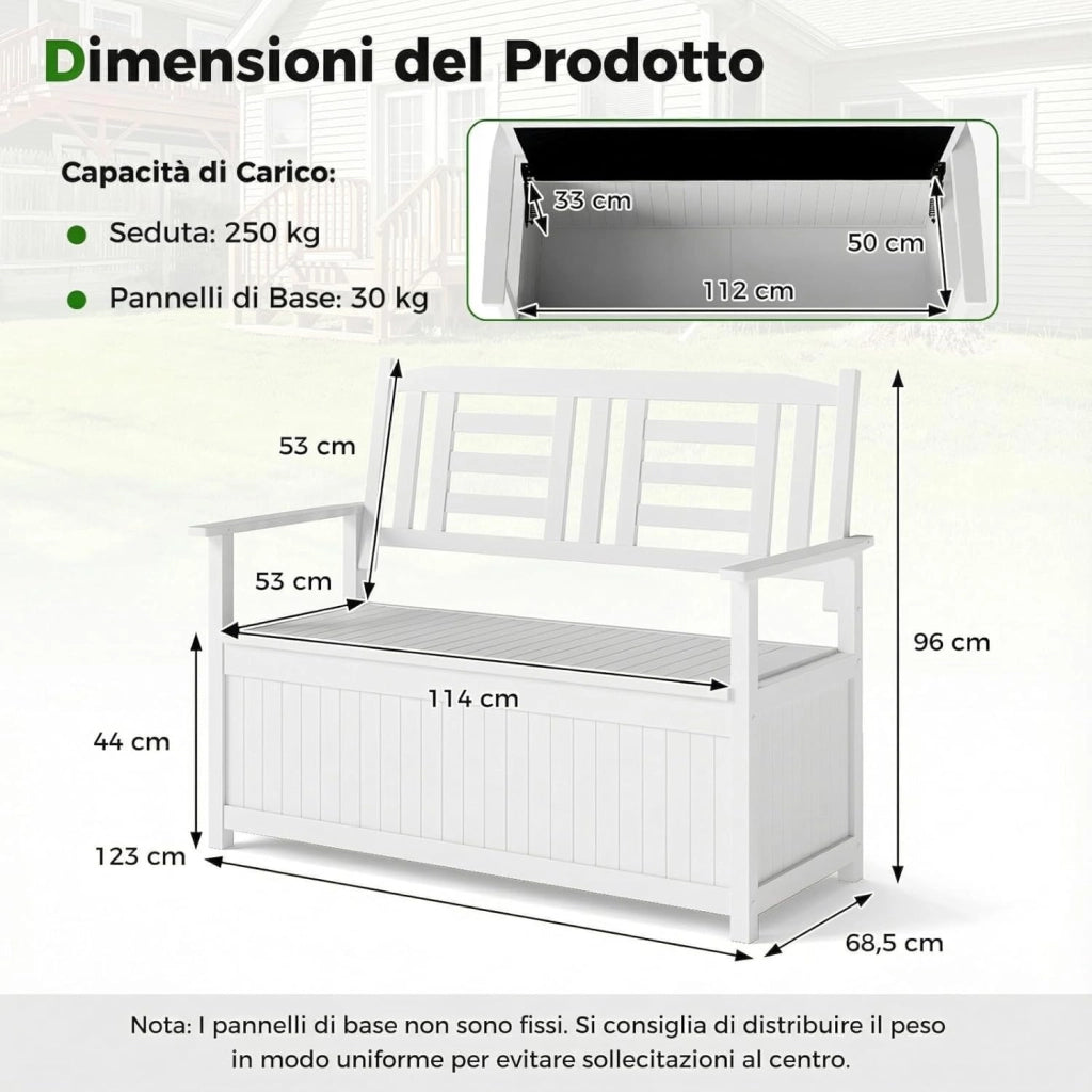 Panchina da Giardino con Contenitore di Legno, Cassapanca da Esterno 2 Posti con Schienale e Braccioli, Panca per Cortile e Ingresso, 123 x 68,5 x 96 cm (Bianco)