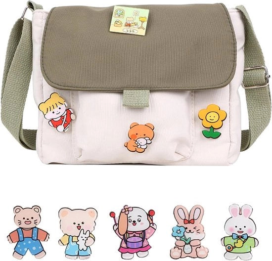 Borsa da Spalla per Ragazze in Lino con 9 Brocchi - Regolabile per Bambine, Ragazze, Donne - 20 x 20 x 5 cm