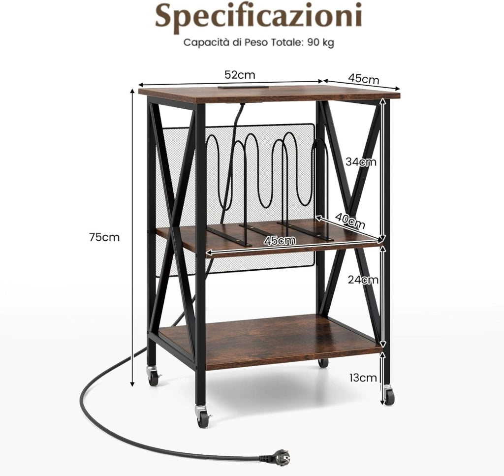 Supporto per Giradischi, Supporto per Giradischi in Vinile con Presa di Corrente e Porta USB, Ruote Bloccabili, 3 Livelli, per Soggiorno, Camera da Letto, 52 x 45 x 75 cm (Marrone)