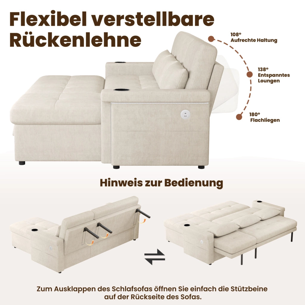 Divano letto angolare 209x141;5x90 cm in ciniglia beige con LED; USB e USB-C