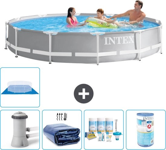 Piscina Rettangolare a Rete - 366 x 76 cm - Grigio - Compreso Pompaggio, Telo Solare, Kit Manutenzione, Filtro, Telaio Fondale, Matrice Solare