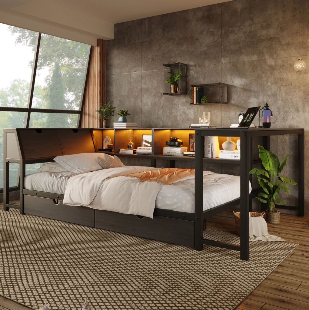 Letto 90x200 cm con scrivania, 2 cassetti, LED e testiera contenitore in MDF e metallo nero