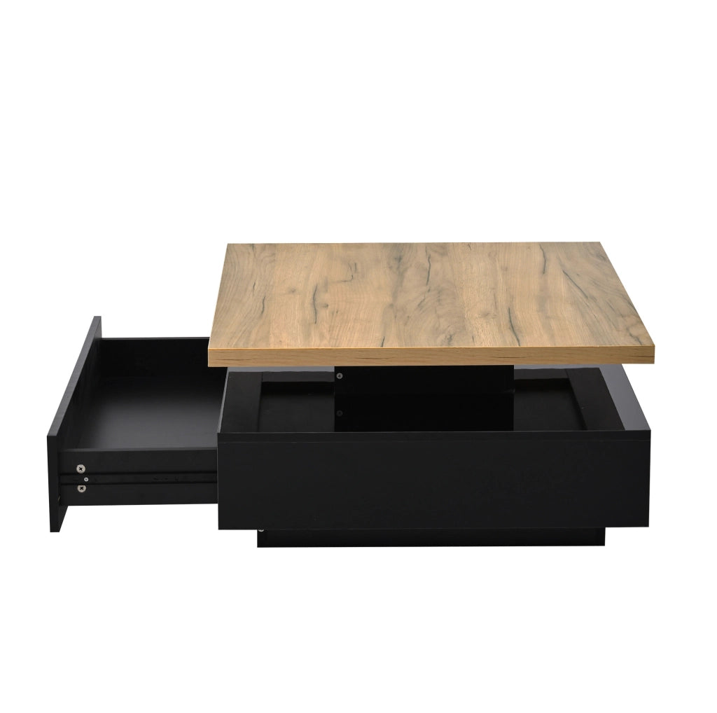 Tavolino da caffè quadrato 70x70x36 cm girevole 360° con vano portaoggetti in truciolare noce e nero lucido