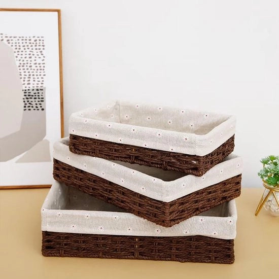 Set di 3 cestini intrecciati, conservazione, decorazione boho, cestino con fodera, cestini per giocattoli, oggetti (caffè)