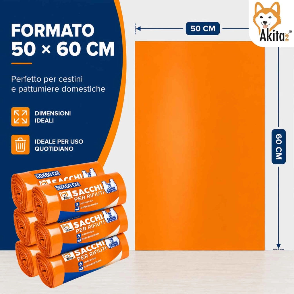 Akitaink 120 Sacchi Spazzatura 50x60 Arancio con Legacci