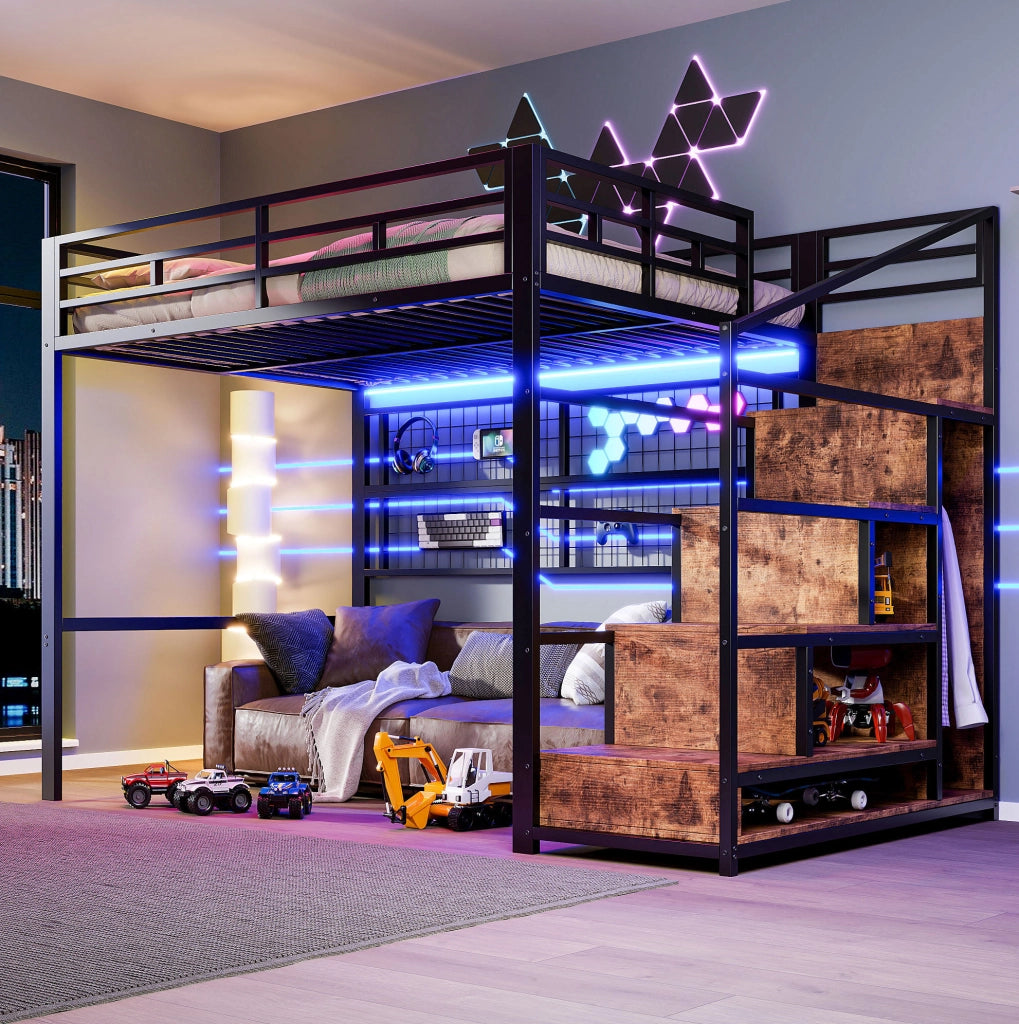 Letto a soppalco 140x200 cm con armadio e LED, nero