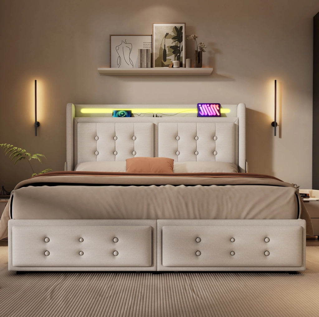 Letto matrimoniale beige 180x200 con LED, USB-C, 4 cassetti e rete a doghe