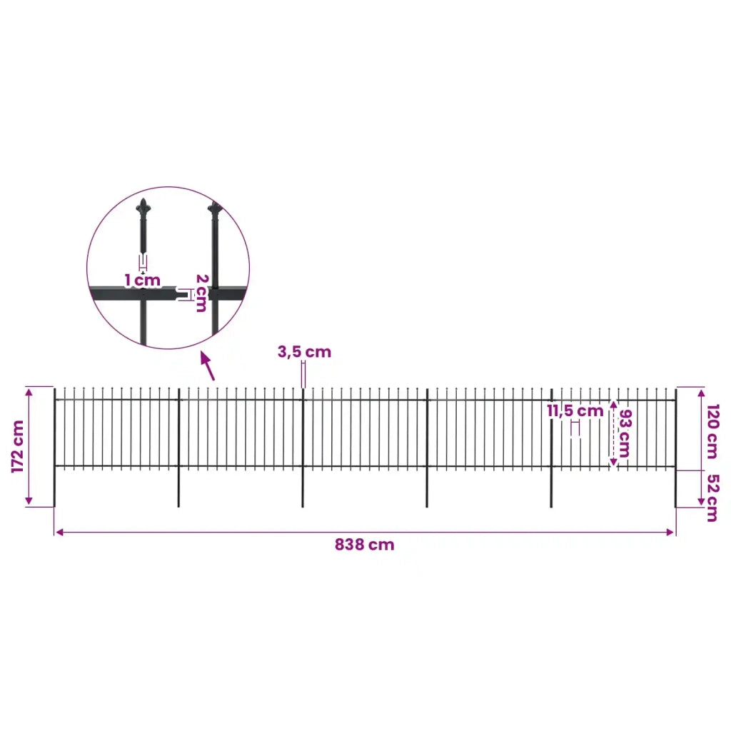 Recinzione da Giardino con Punta a Lancia in Acciaio 838x120 cm Nero 277624