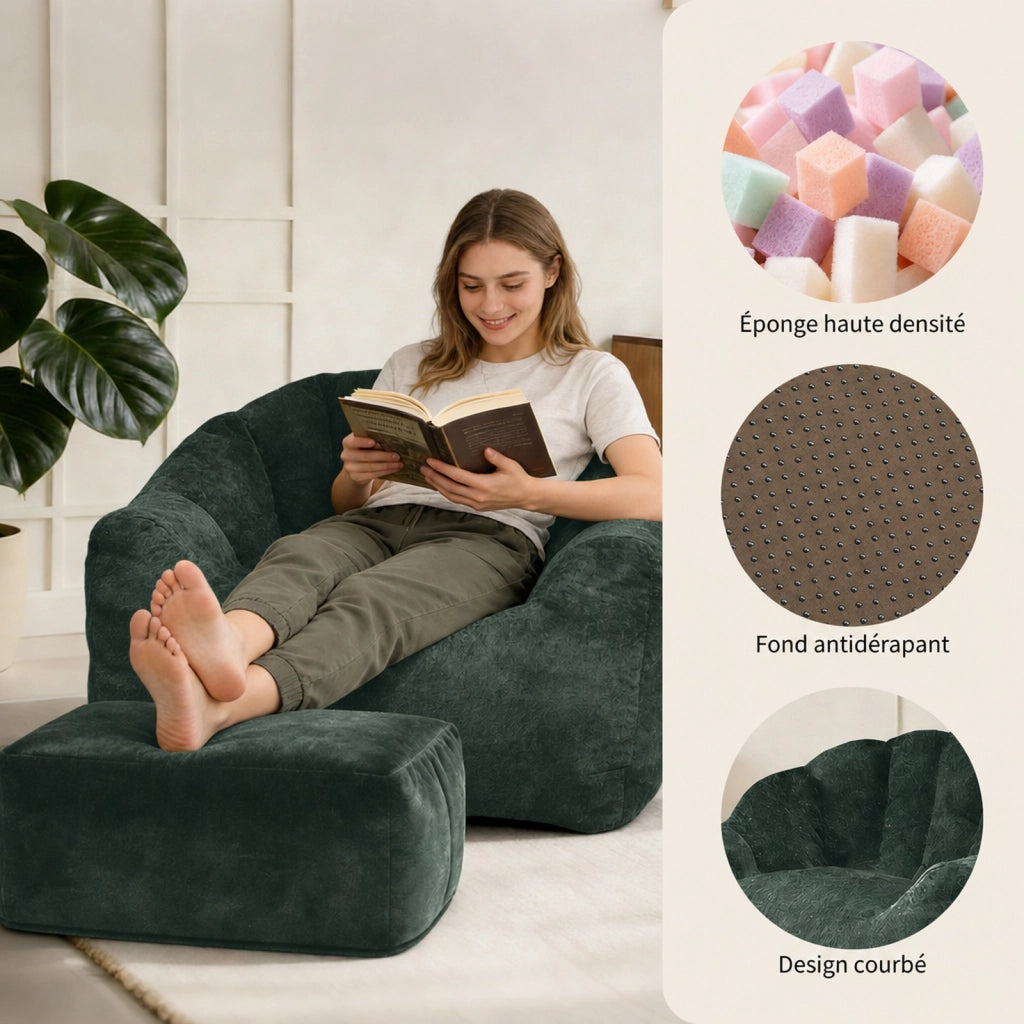 Fauteuil con pouf in ciniglia con schienale a petali e imbottitura ad alta resilienza verde scuro per relax