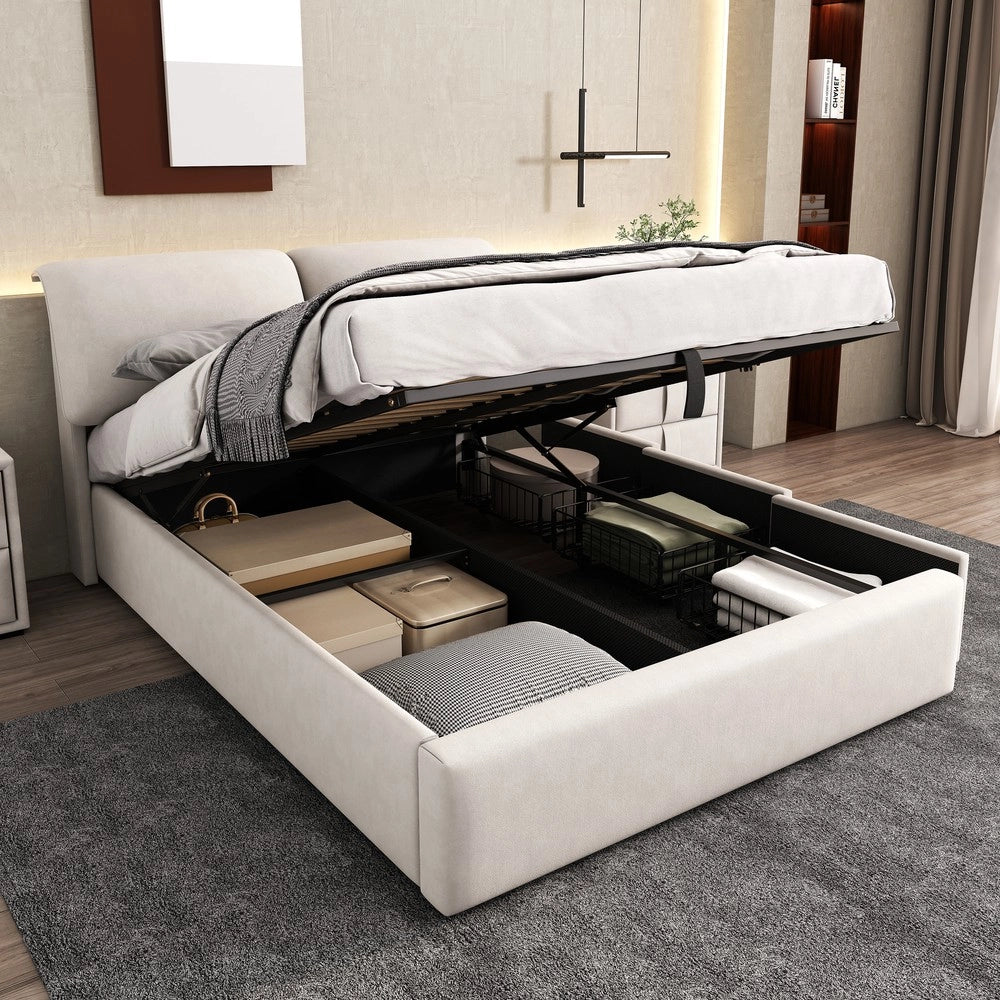Letto Contenitore Imbottito in Velluto ¨C Xylo ¨C Beige 140x200, Testiera, 3 Cassetti, Rete a Doghe