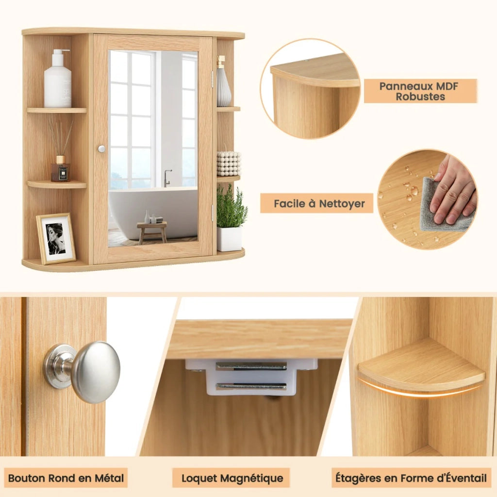 Mobiletto da bagno sospeso con specchio e 6 ripiani 66 x 17 x 64 cm design moderno in MDF naturale 20_0017496