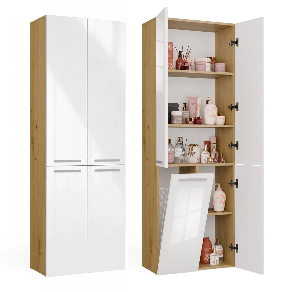 Mobile bagno NEL 1k DD scaffale colonna kosz per bucato rovere artisan e bianco lucido