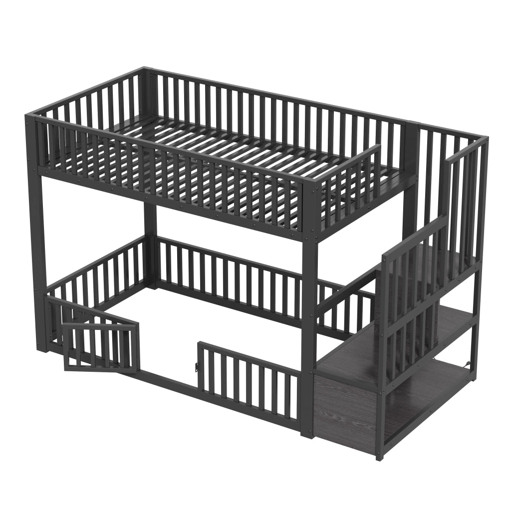 Letto a castello 90x200 cm con LED e scala; in MDF e metallo; nero