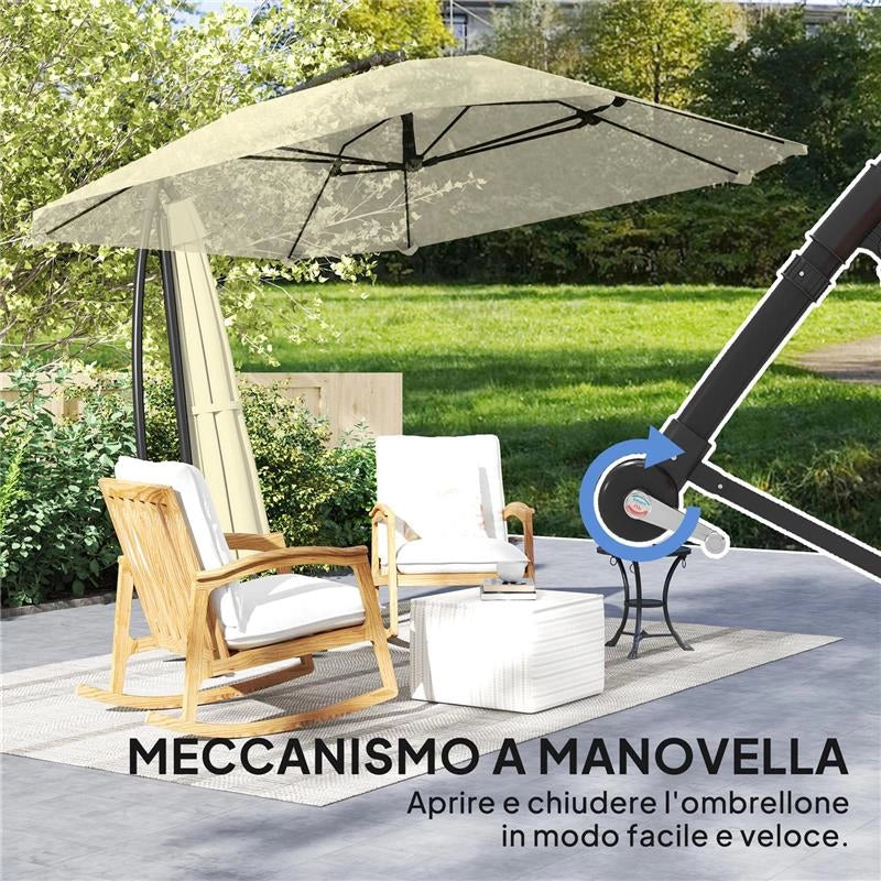 OMBRELLONE A SBALZO CON COPERTURA REGOLABILE E BASE A CROCE IN METALLO E POLIESTERE 260X304X245 CM CREMA