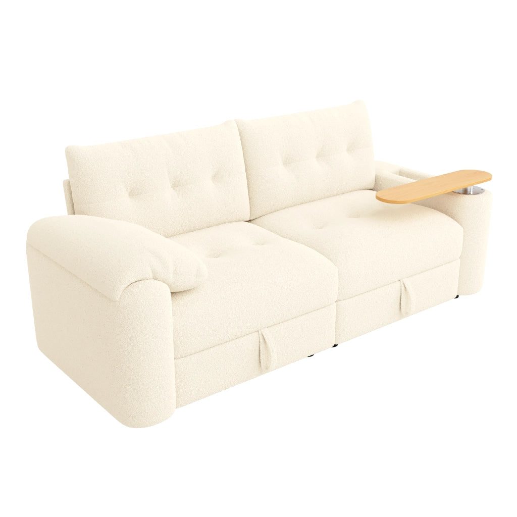 Divano Dritto 2-3 Posti con Contenitore, Tavolino Girevole e Poggiatesta, in Teddy Beige