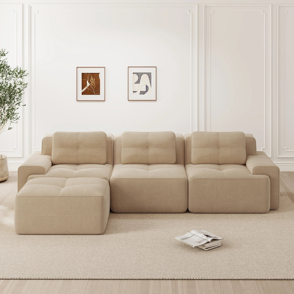 Divano modulare 3 posti con ottoman; seduta profonda; senza montaggio; velluto a coste beige