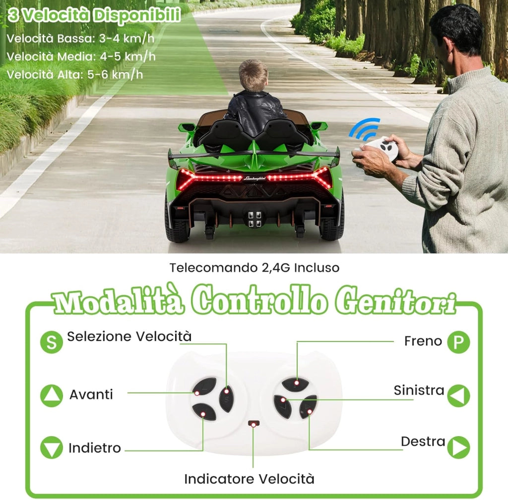 Lamborghini Macchina Elettrica per Bambini, Auto Elettrica Cavalcabile con Telecomando Luci LED, 3 Velocità, 3-6 km/h, per Bambini 3-8 Anni (Verde)