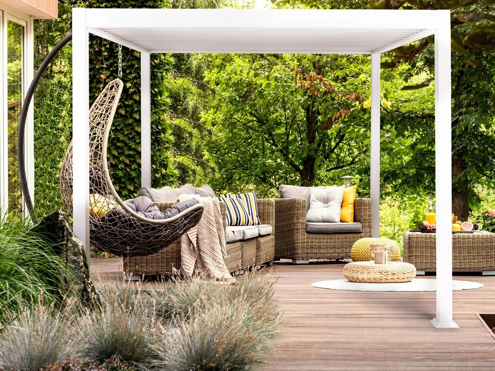 Pergola in metallo bianco con struttura ombreggiante in alluminio 310 x 310 cm Padiglione da giardino moderno e industriale