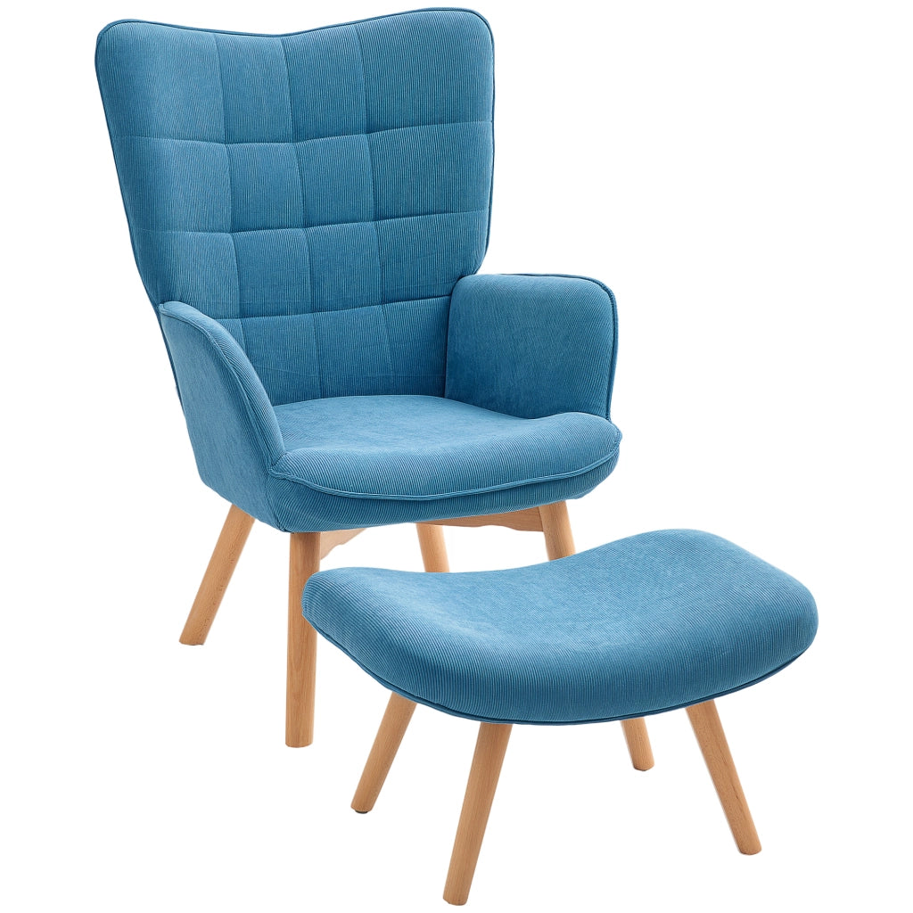 Poltrona Relax con Poggiapiedi in Cord ¨C Zephmum ¨C Blu, Gambe in Legno
