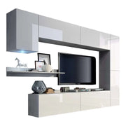 Set di mobili da soggiorno bianchi sospesi collezione CEPTO VI 256 cm, 7 porte, 6 scaffali, LED, modulari
