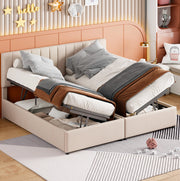Letto matrimoniale imbottito 180x200 cm con contenitore idraulico; lino beige