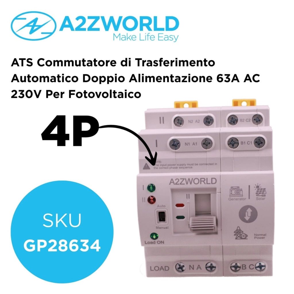 ATS Commutatore di Trasferimento Automatico Doppio Alimentazione 63A AC 230V Per Fotovoltaico, Disponibili 2P 4P (4P)