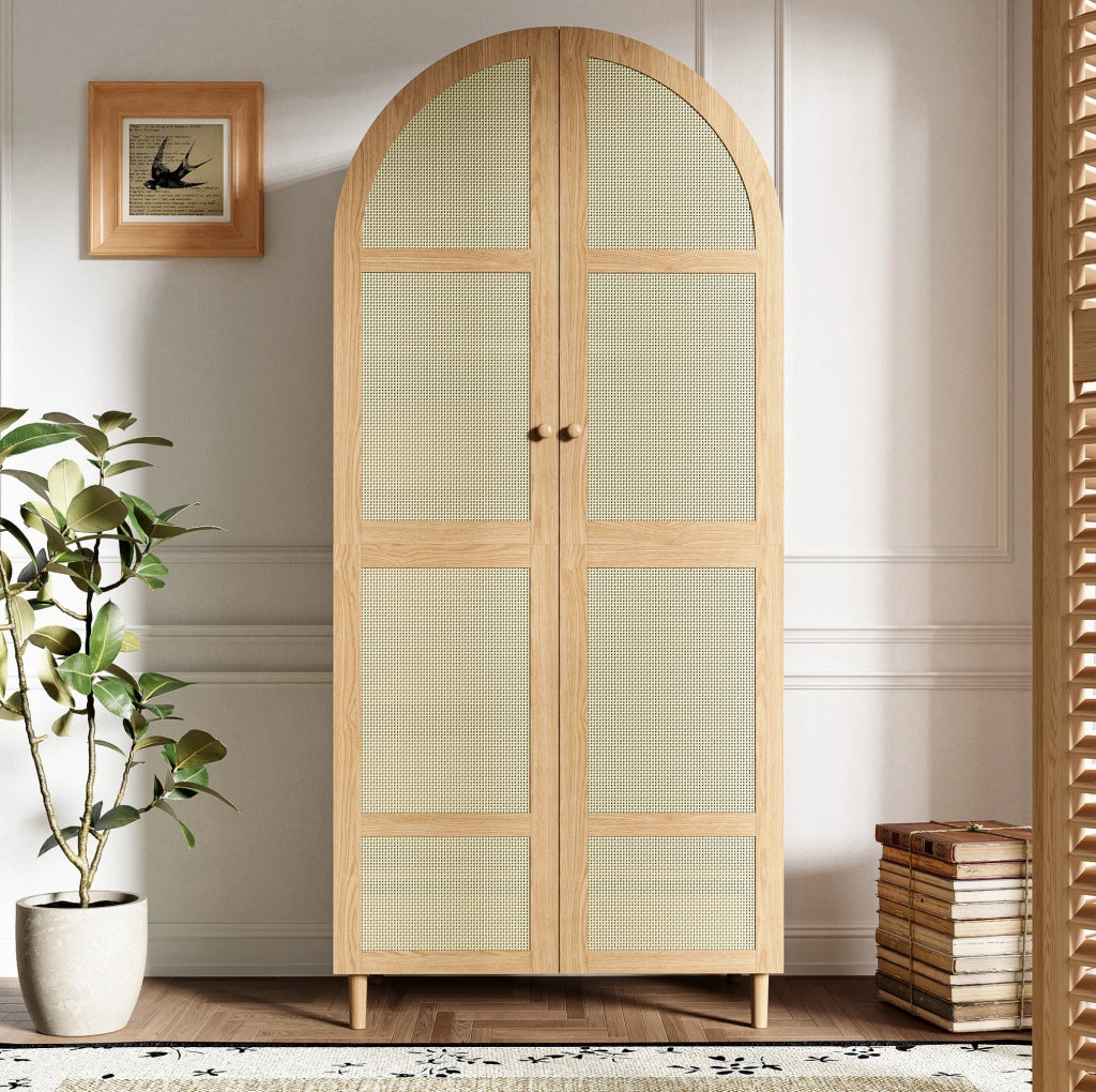 Armadio 80x50x179 cm con asta appendiabiti e cassetti; ante in rattan; gambe in legno; MDF e truciolare naturale