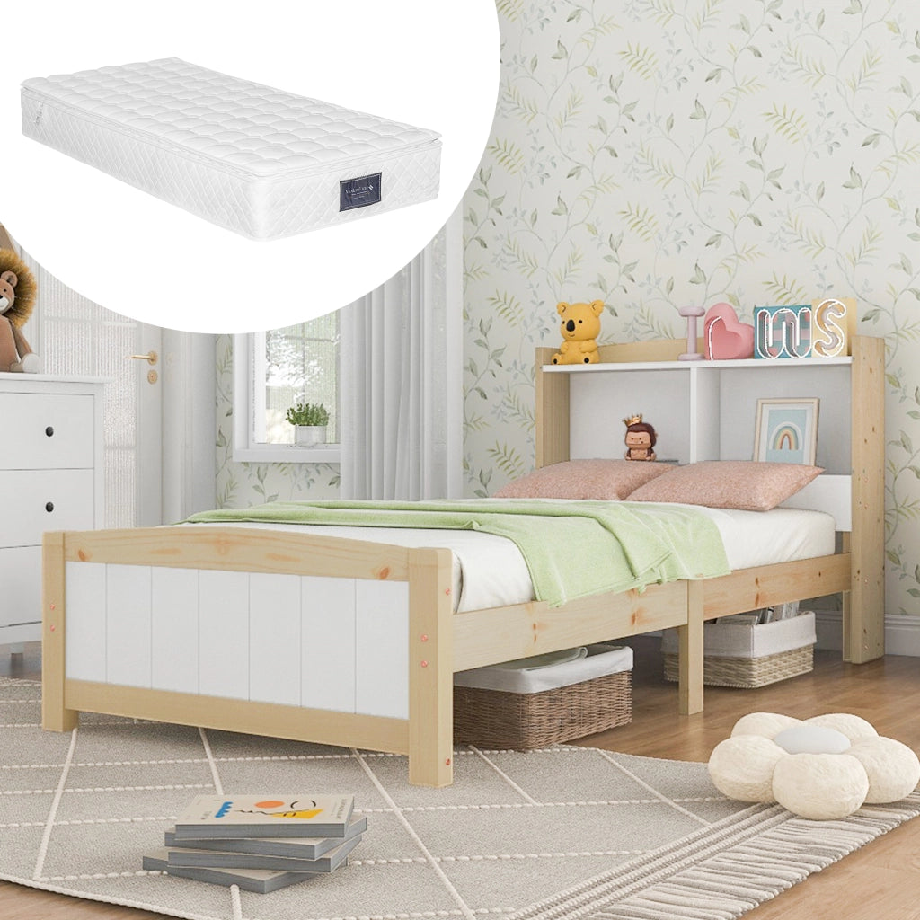 Letto singolo 90 × 200 cm con testiera contenitore, materasso incluso, in legno massello bianco