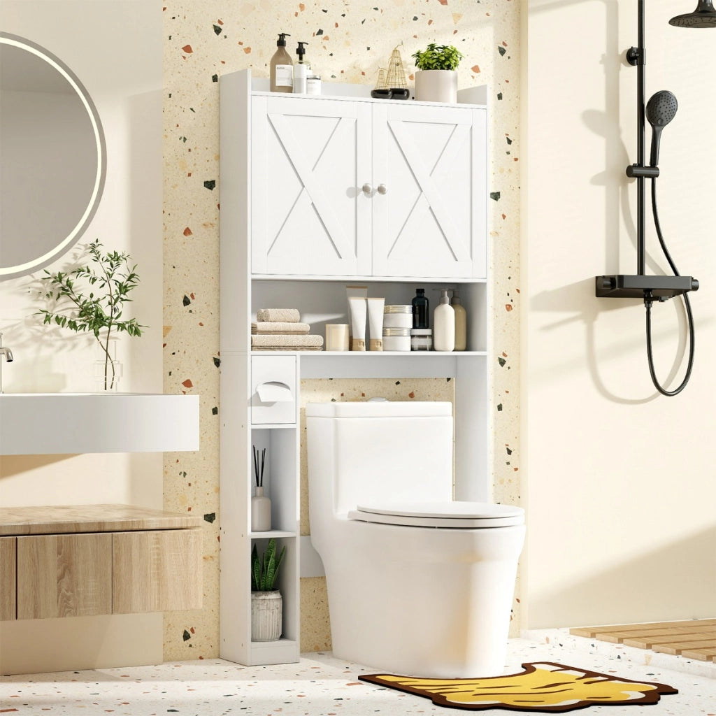 Scaffale organizzatore con doppie ante e ripiano regolabile, Mobile contenitore sopra il WC per bagno e lavanderia Bianco