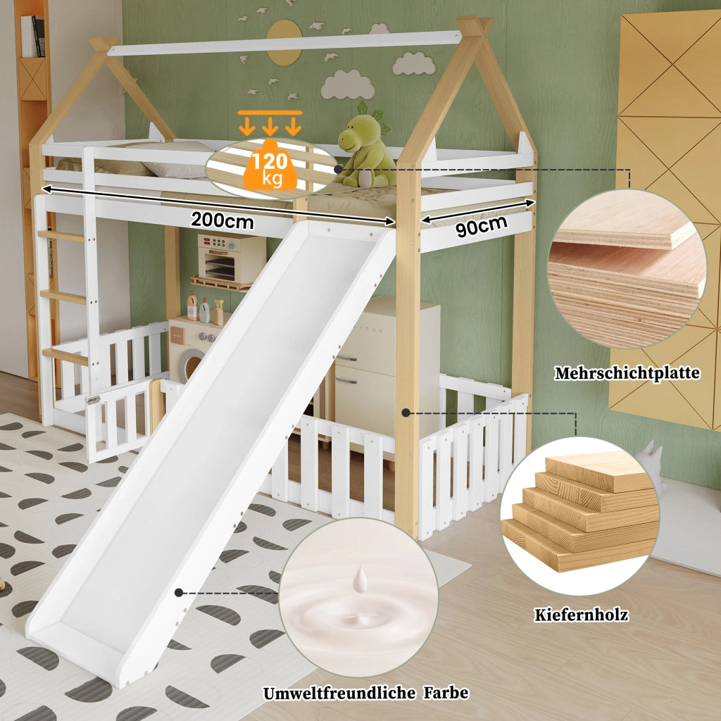 Etagenbett con scivolo bambini pino MDF compensato 90x200 cm