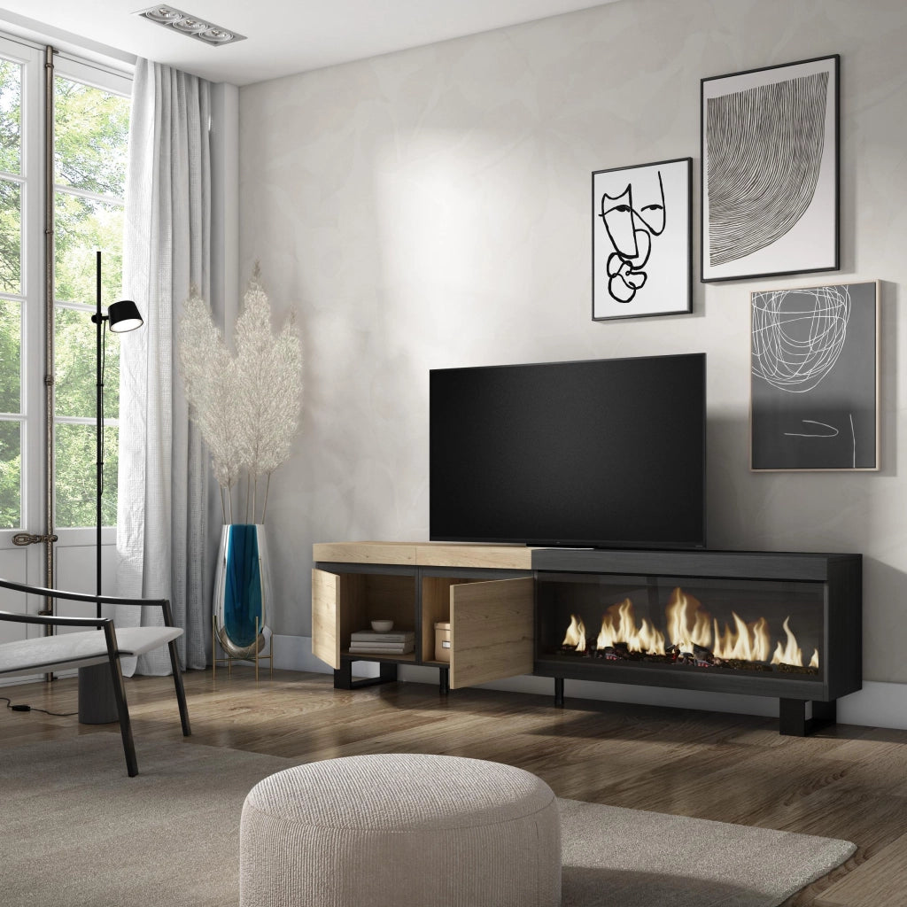 Mobile TV Soggiorno, 208x35x57cm, Per TV fino a 80", Camino elettrico XXL, Design industriale, colore Rovere e nero RF3269