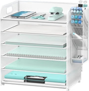 Organizzatore di cartelle 6 strati con 4 contenitori per monete, organizzatore di rete per scrivania, cassetto per lettere con manico, organizzatore di cartelle per cassetto, cassetto per A4 con mesh, bianco