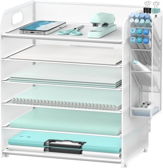 Organizzatore di cartelle 6 strati con 4 contenitori per monete, organizzatore di rete per scrivania, cassetto per lettere con manico, organizzatore di cartelle per cassetto, cassetto per A4 con mesh, bianco
