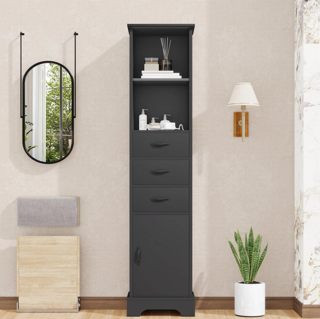 Mobile da bagno nero 38 x 26 x 172,5 cm con cassetti e ripiani regolabili