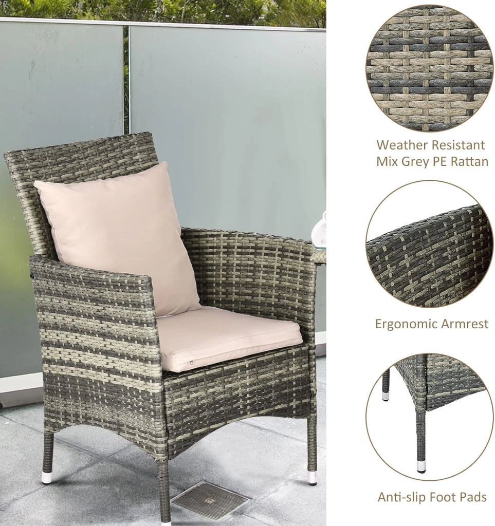 Set Mobili da Giardino in Rattan 3 Pezzi, Salottino da Giardino con 2 Poltrone e 1 Tavolino da Caffè in Vetro, Cuscini Inclusi, Resistente alle Intemperie