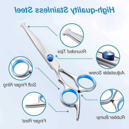 - Scissor per cani e gatti in acciaio inossidabile con punta di sicurezza rotonda, inclusa affilatrice, scissor curva e scissor retta, spazzola per la pulizia del pelo blu