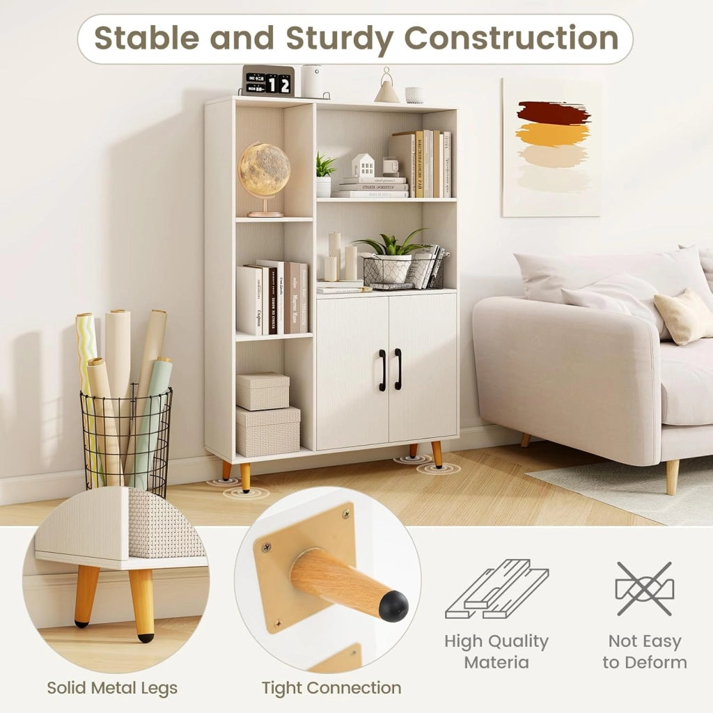 Armadietto da soggiorno, libreria, 2 ante e 5 scomparti aperti, credenza in legno, 80 x 23,5 x 119 cm (Bianco)