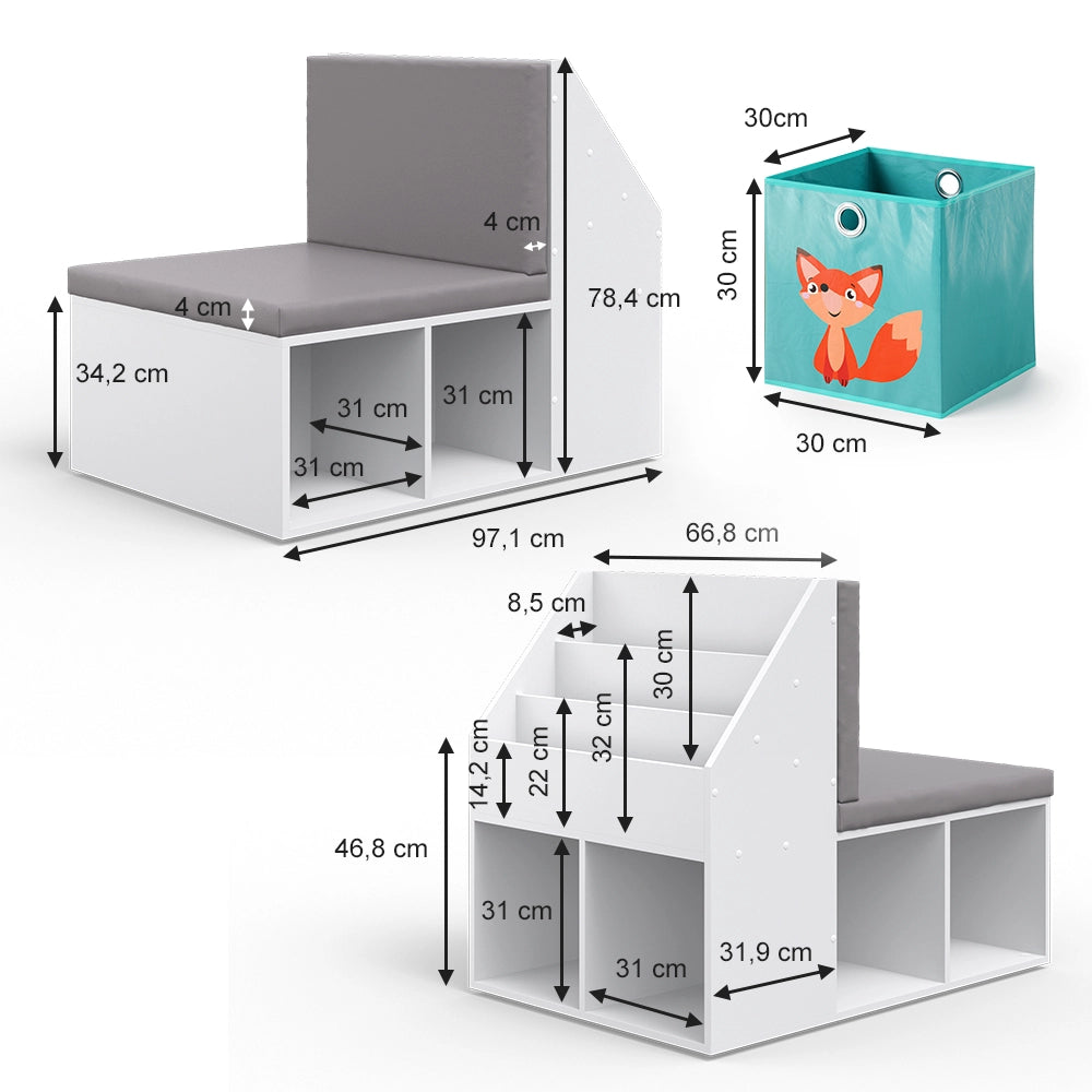 Vicco Libreria bambini Bianco 97.1 x 78.4 cm con 6 scatole pieghevoli colorate