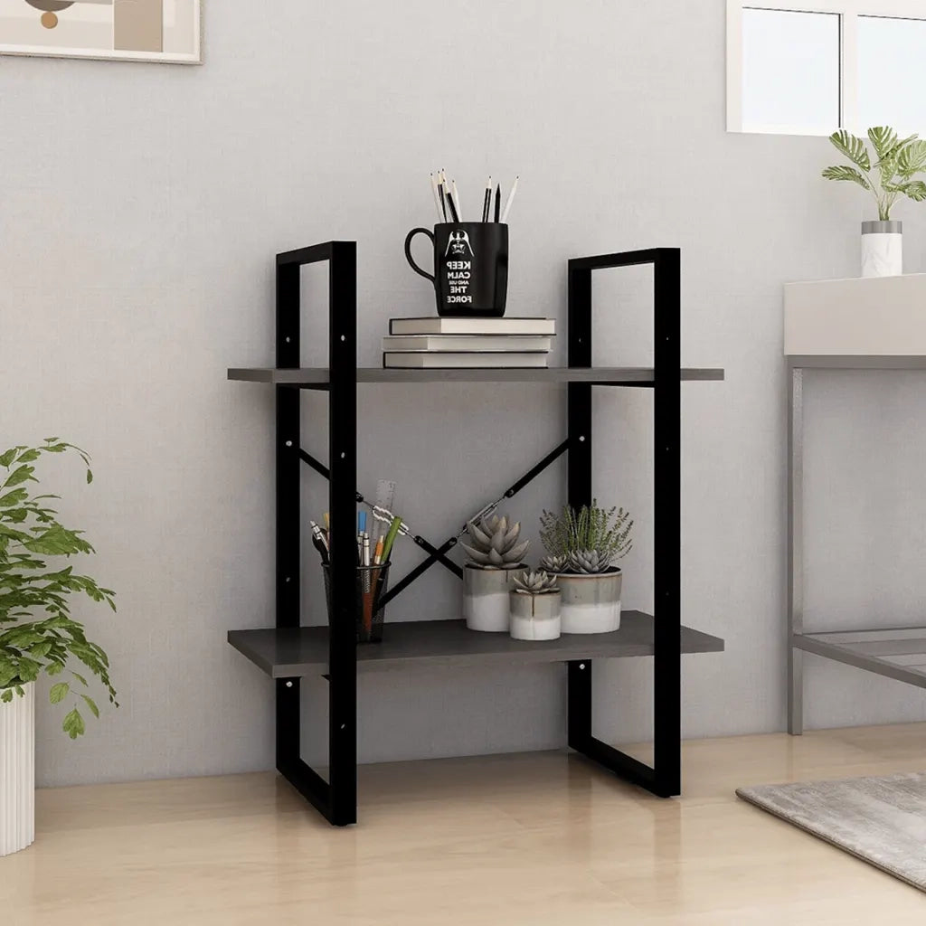 Libreria a 2 Ripiani-Scaffale per Libri-Mobile di Stoccaggio Grigia 60x30x70 cm in Massello di Pino