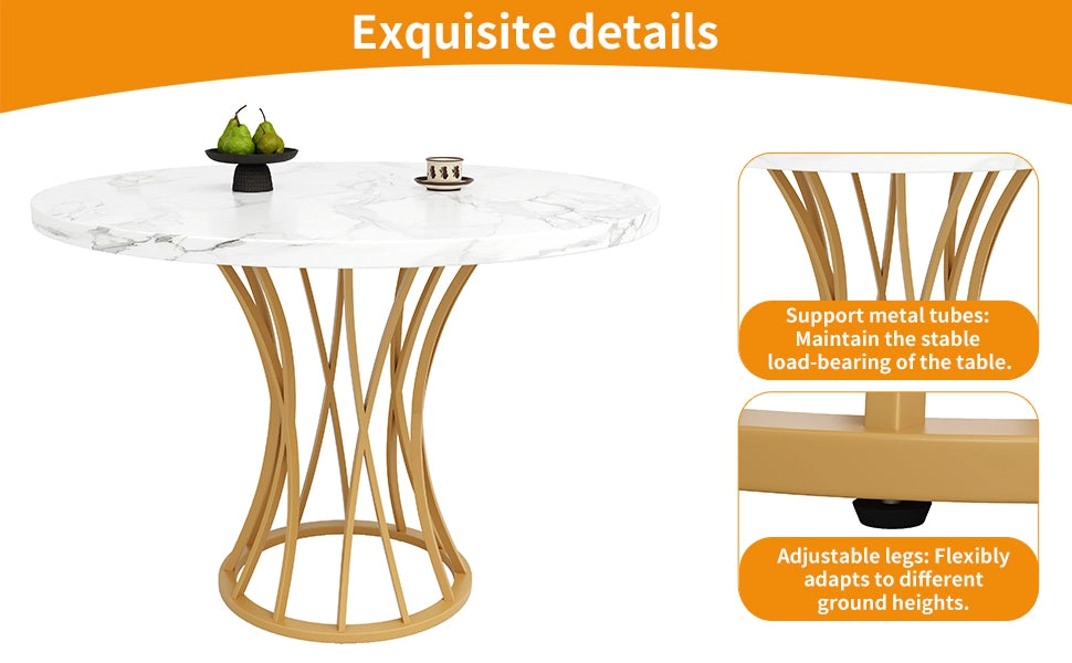 Tavolo da Pranzo Rotondo ¨C MINIMAL ¨C Piano MDF Effetto Marmo, Gambe Dorate, 80x80x76 cm
