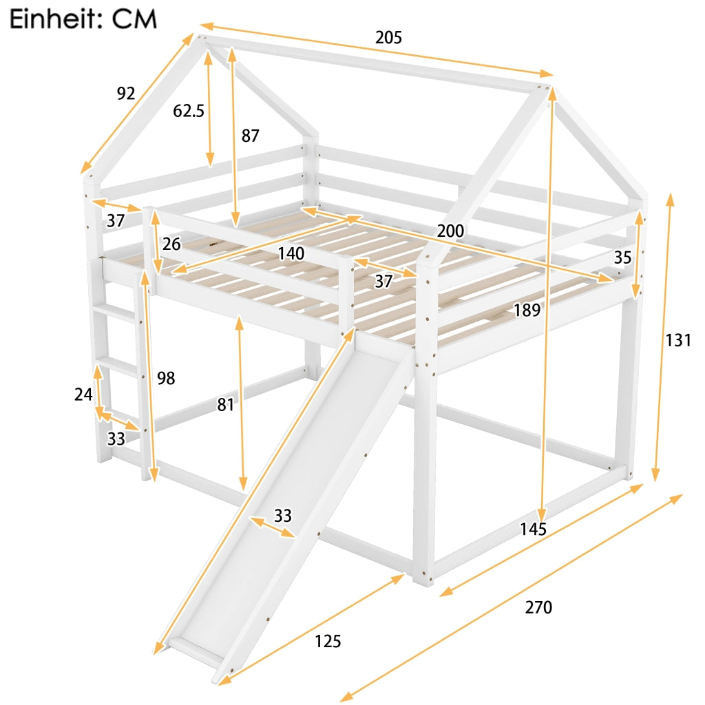 Letto a Castello 140×200 cm e 140×200 cm; Letto 4 Posti con Scivolo e Scala; senza Materasso; Bianco