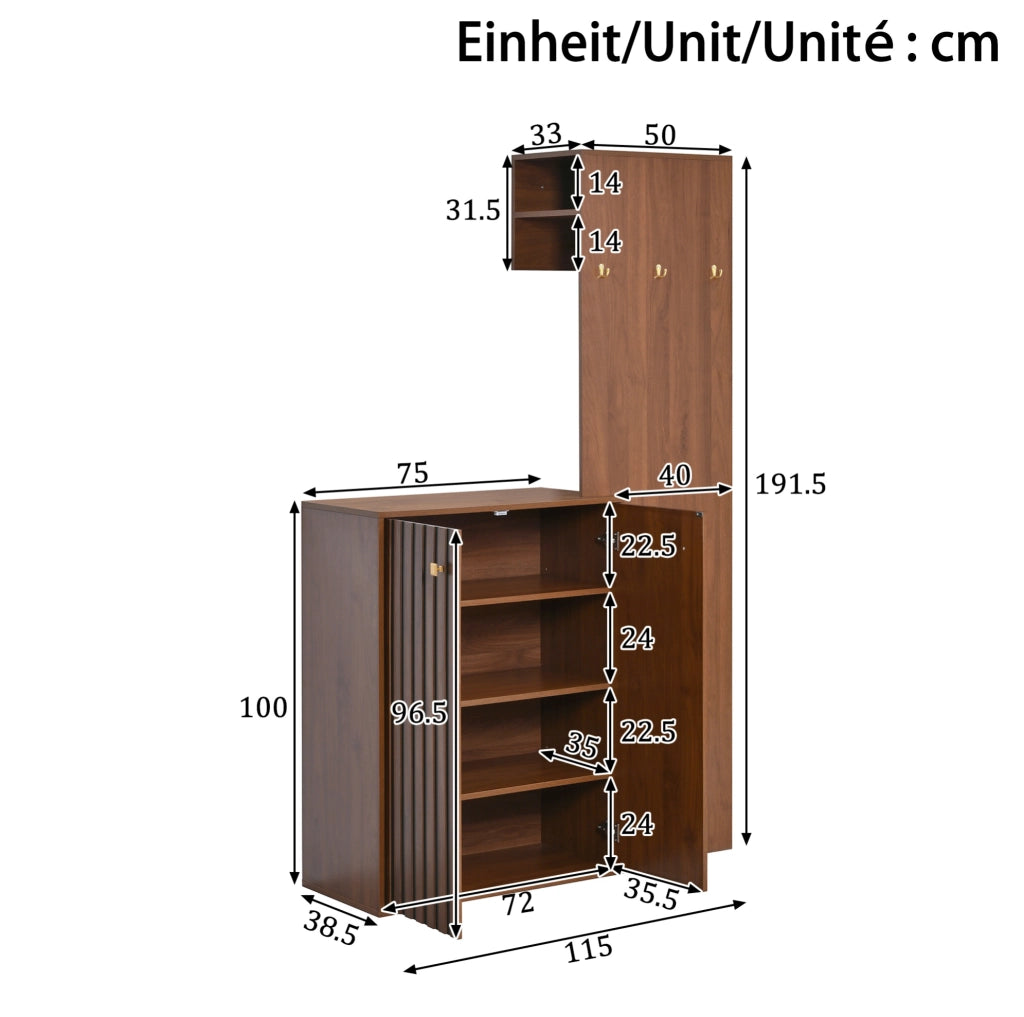 Guardaroba compatto con scarpiera; appendiabiti e ripiani regolabili in MDF color noce