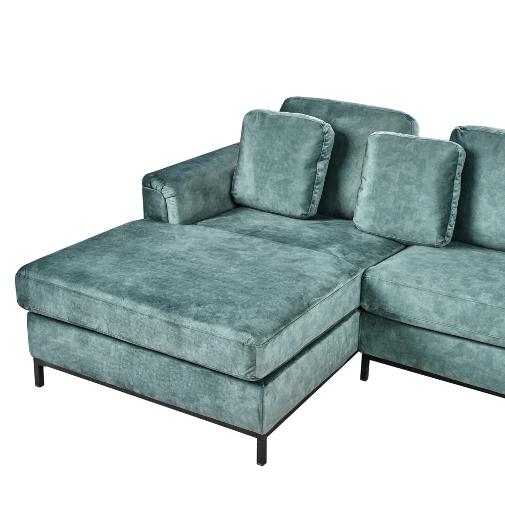 Divano angolare con pouf a forma di L in velluto verde acqua idrorepellente e gambe d'acciaio lato destro stile moderno