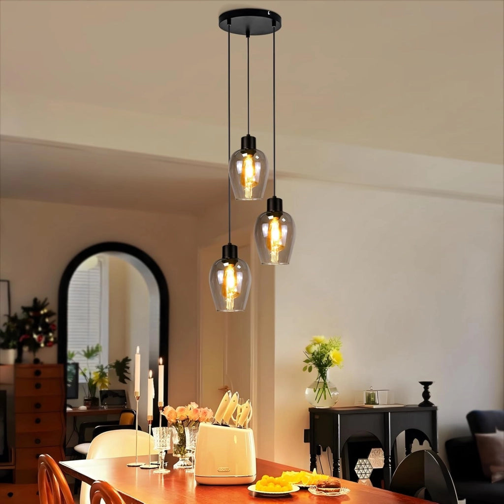 ZMH Lampada a Sospensione 3 Luci Retro Vintage Vetro Fum¨¦ E27 per Sala da Pranzo Cucina Hotel Soggiorno Senza Lampadina