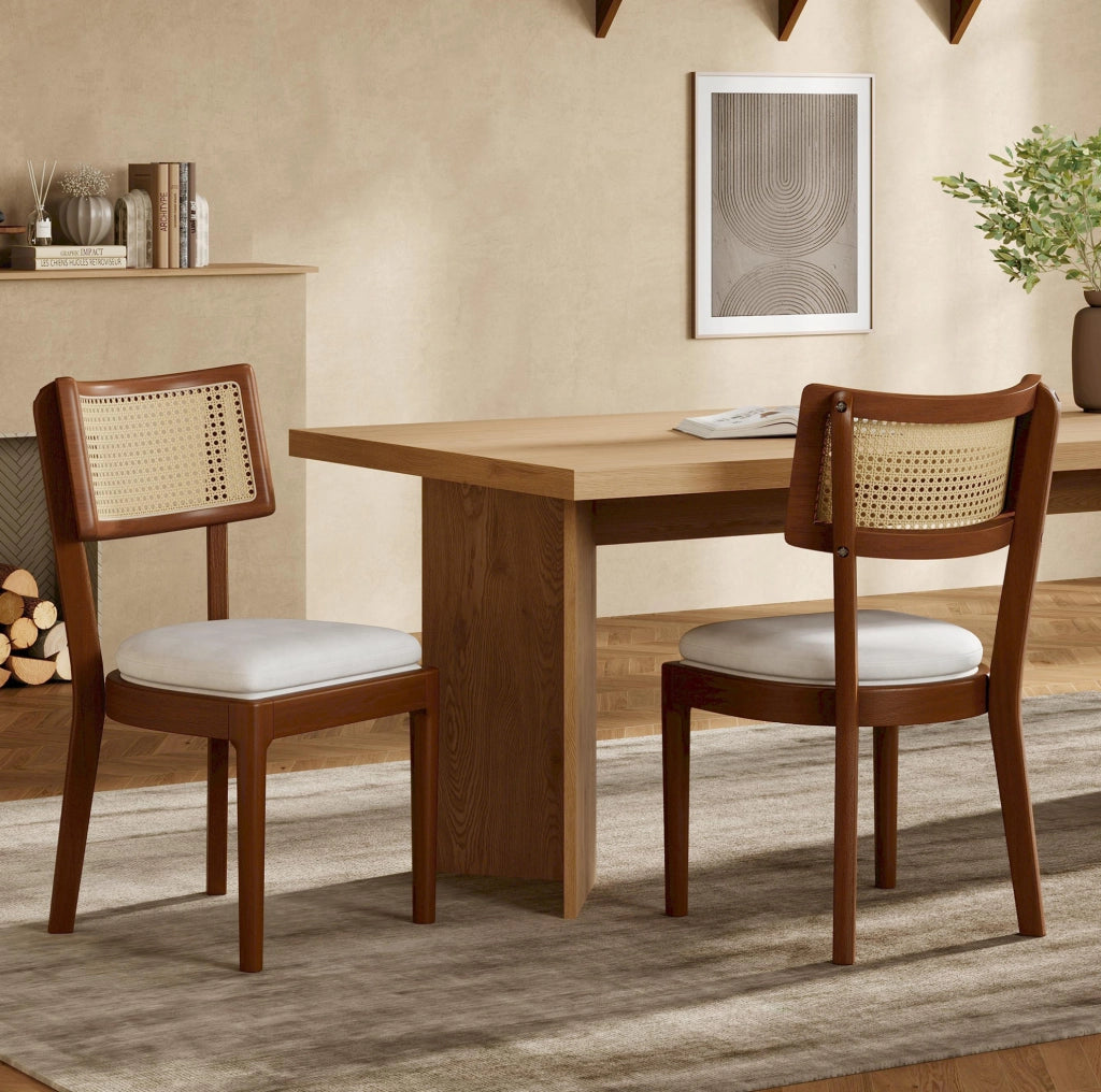 Set di 4 sedie da pranzo con schienale in rattan; cuscino in lino; legno; noce