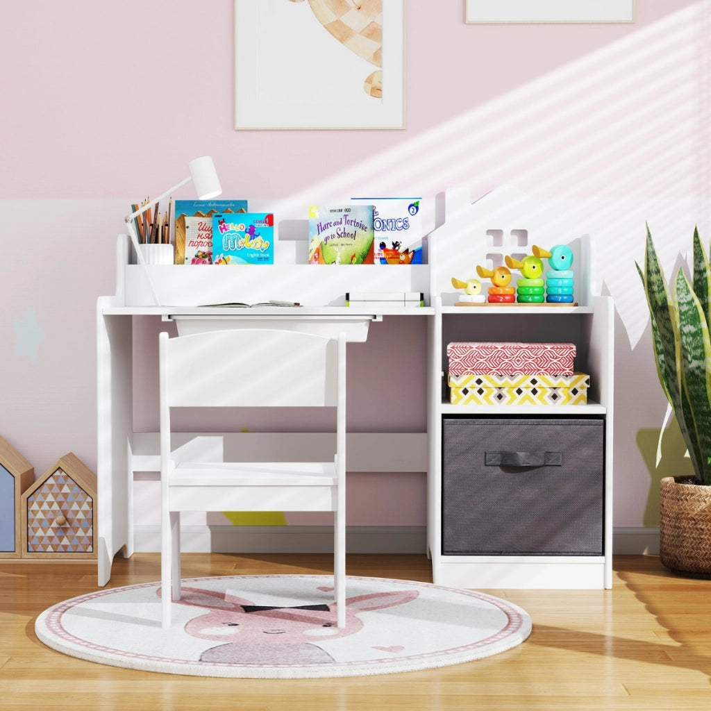 Set scrivania e sedia per bambini con mensole aperte e cassetto in tessuto, Tavolo da studio per bambini Bianco-Tavoli e sedie