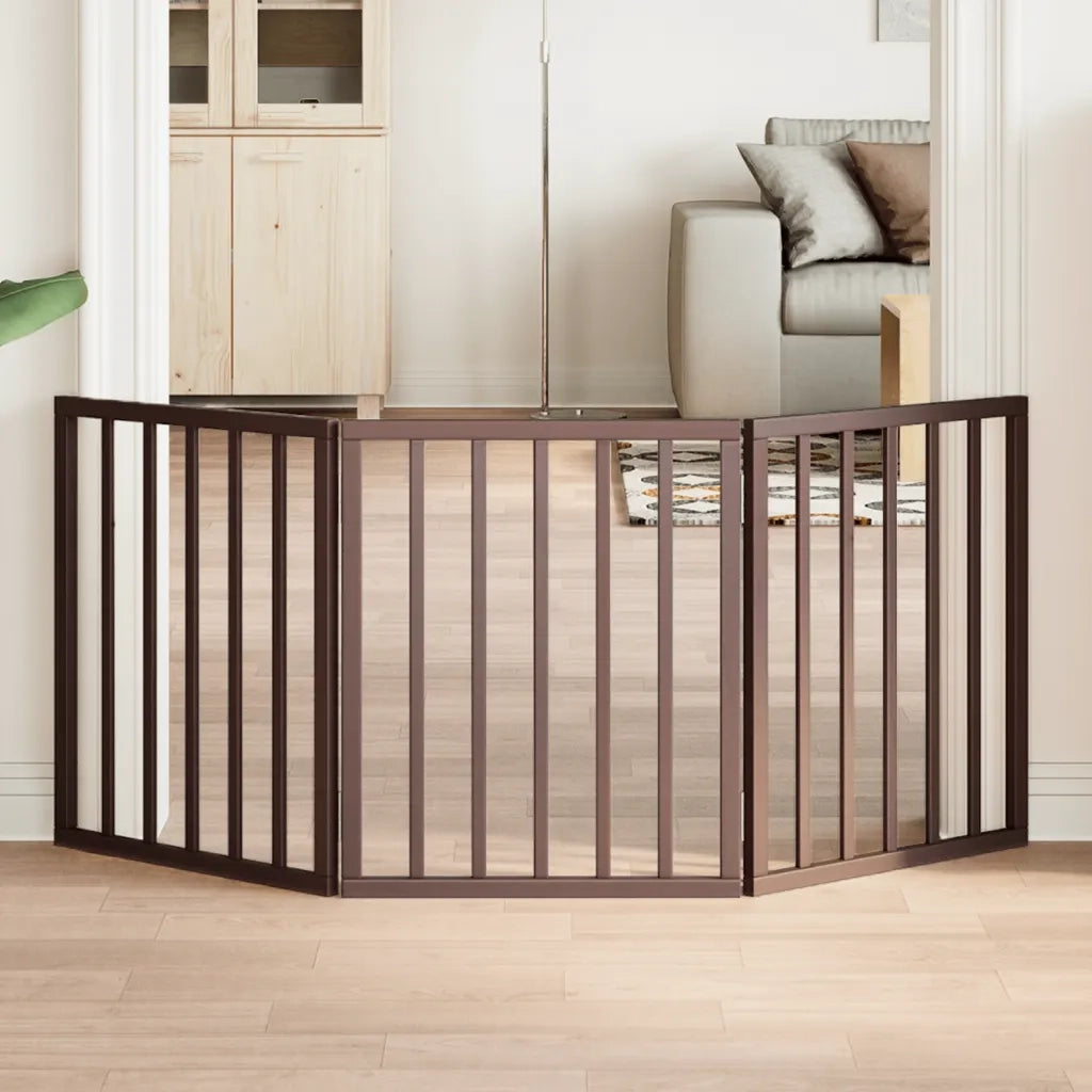 Cancello Cani Pieghevole 3 Pannelli Marrone 150cm Legno Pioppo 352196